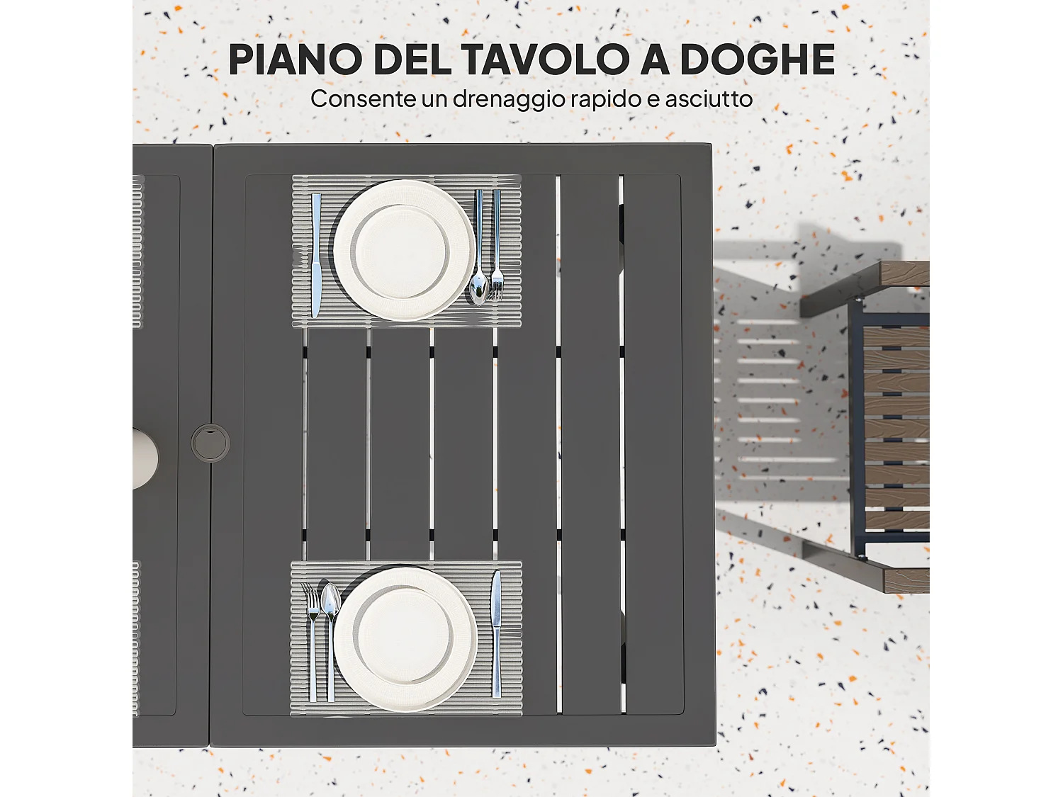 Tavolo da giardino a doghe per 6 persone con foro per ombrellone nero