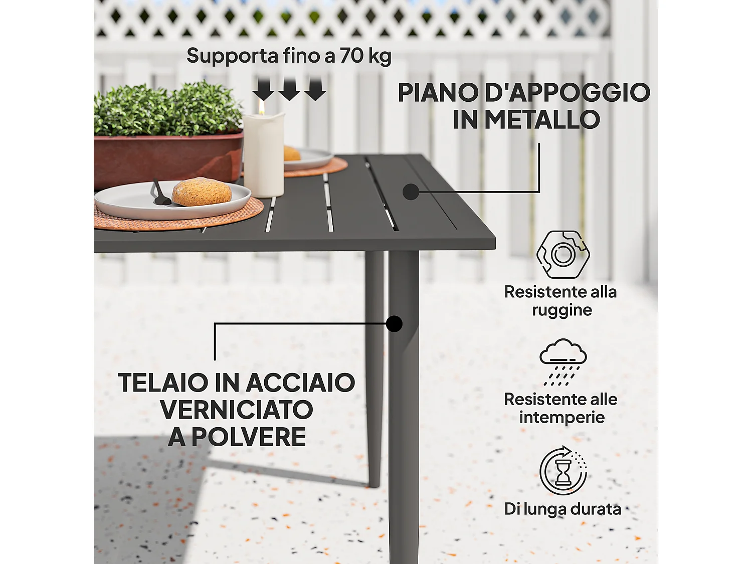 Tavolo da giardino a doghe per 6 persone con foro per ombrellone nero