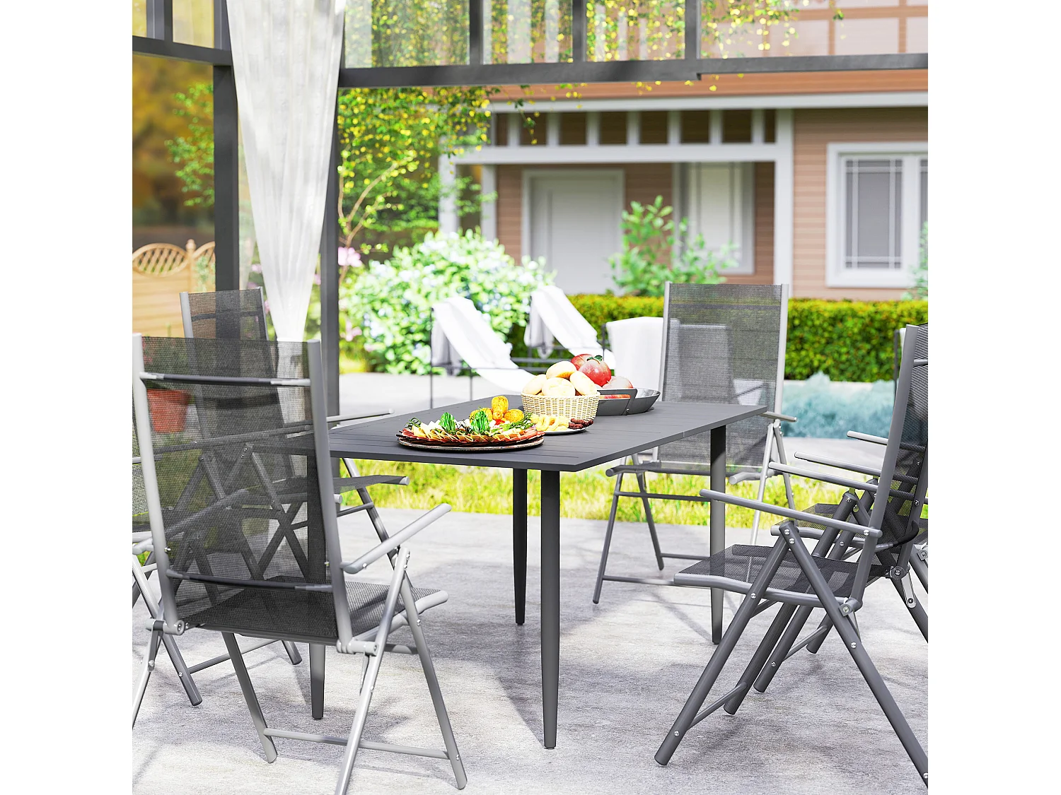 Tavolo da giardino a doghe per 6 persone con foro per ombrellone nero