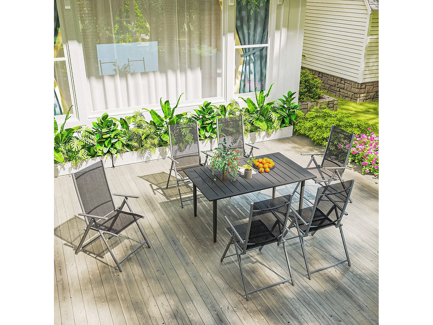 Tavolo da giardino a doghe per 6 persone con foro per ombrellone nero