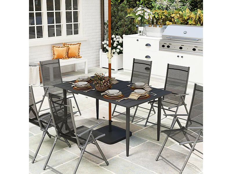 Tavolo da giardino a doghe per 6 persone con foro per ombrellone nero