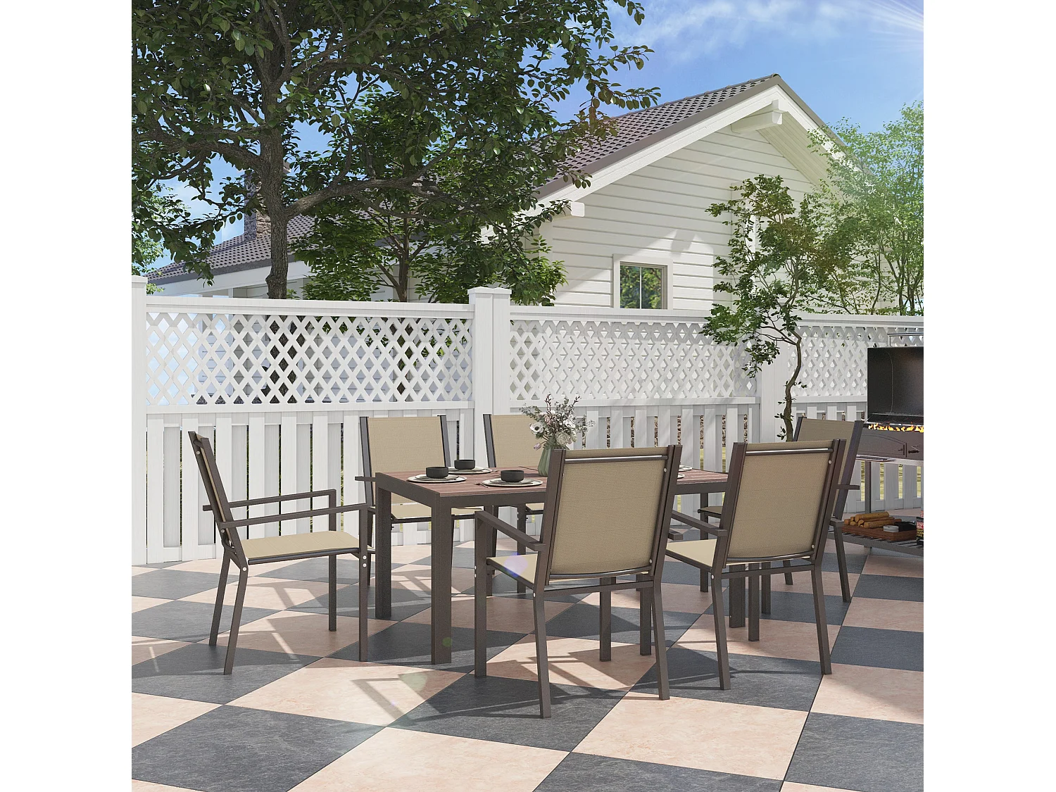 Set da giardino 7pz con 6 sedie e tavolo rettangolare kaki e marrone