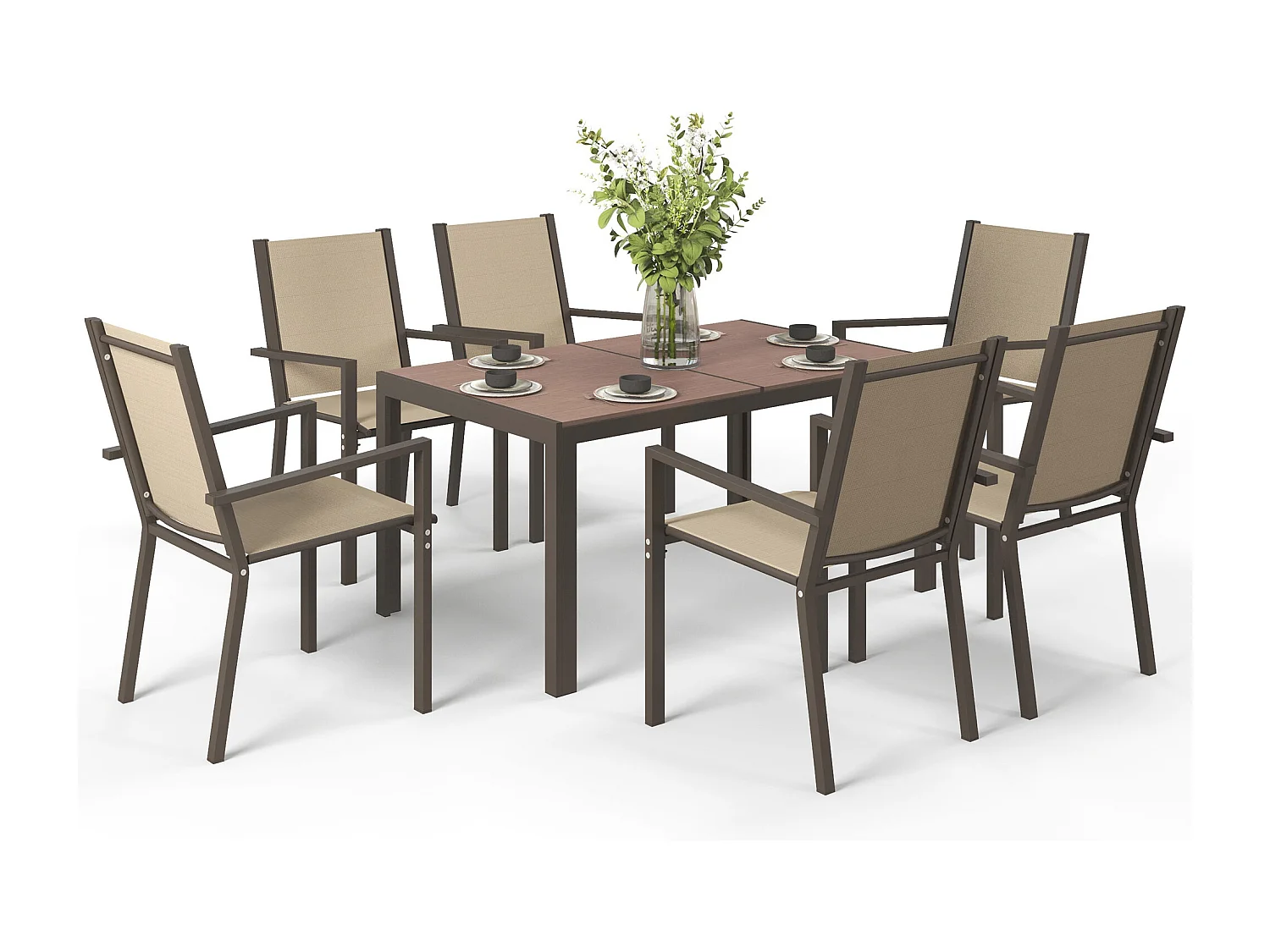 Set da giardino 7pz con 6 sedie e tavolo rettangolare kaki e marrone