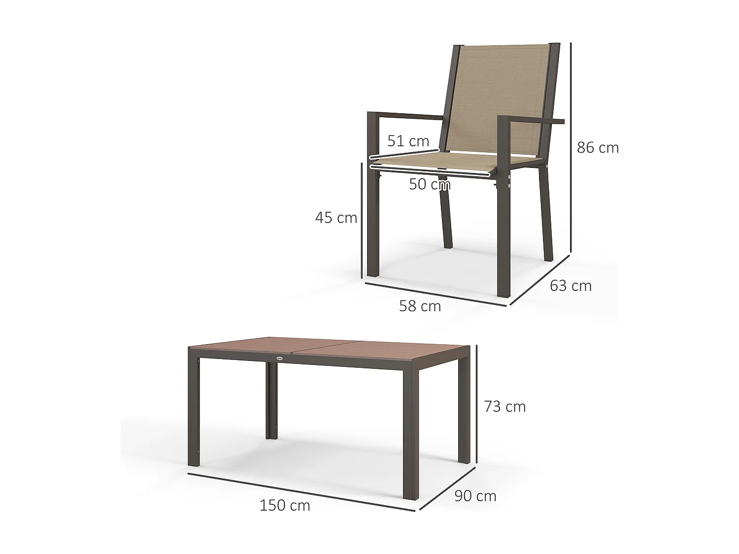 Set da giardino 7pz con 6 sedie e tavolo rettangolare kaki e marrone