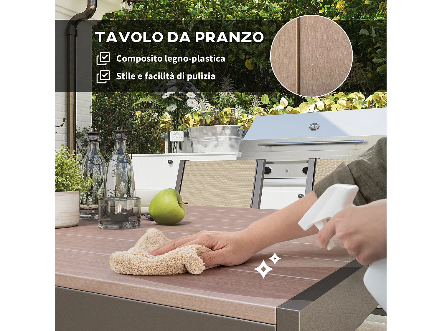 Set da giardino 7pz con 6 sedie e tavolo rettangolare kaki e marrone