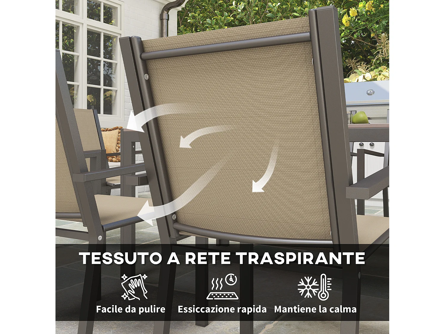 Set da giardino 7pz con 6 sedie e tavolo rettangolare kaki e marrone