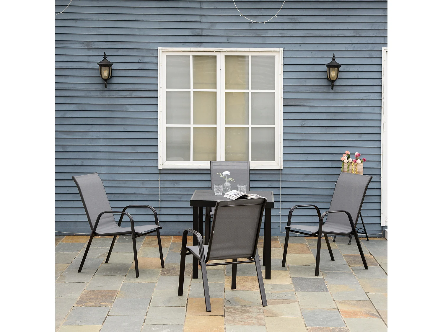 Set 4 sedie da giardino impilabili con braccioli in metallo grigio