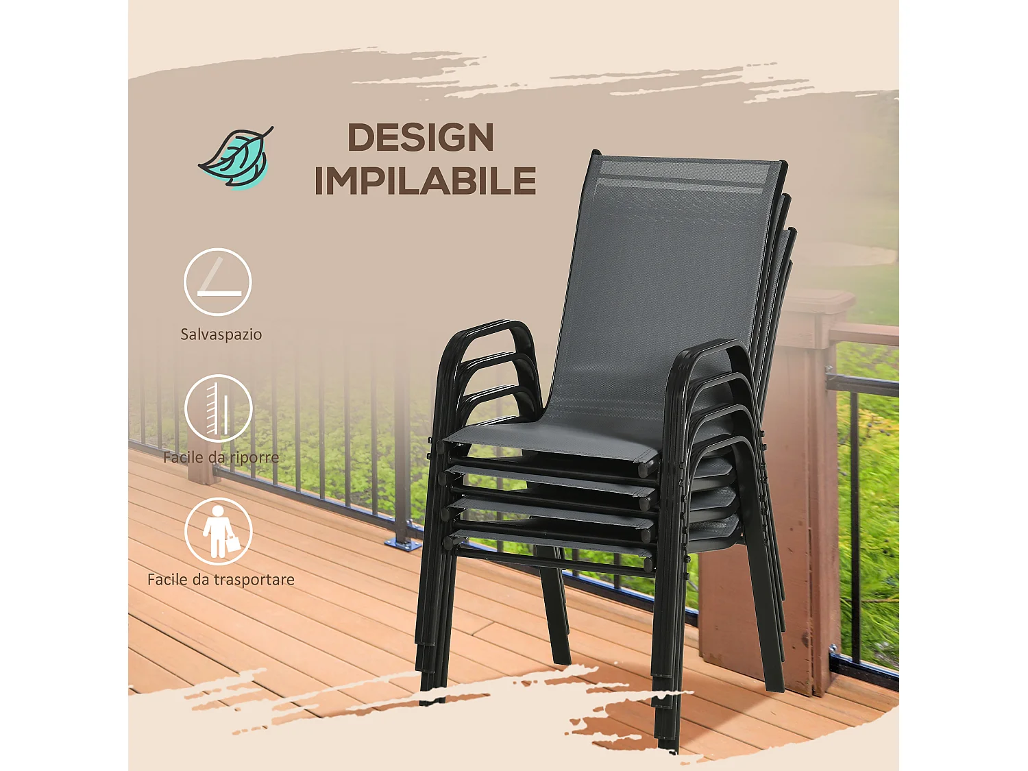 Set 4 sedie da giardino impilabili con braccioli in metallo grigio