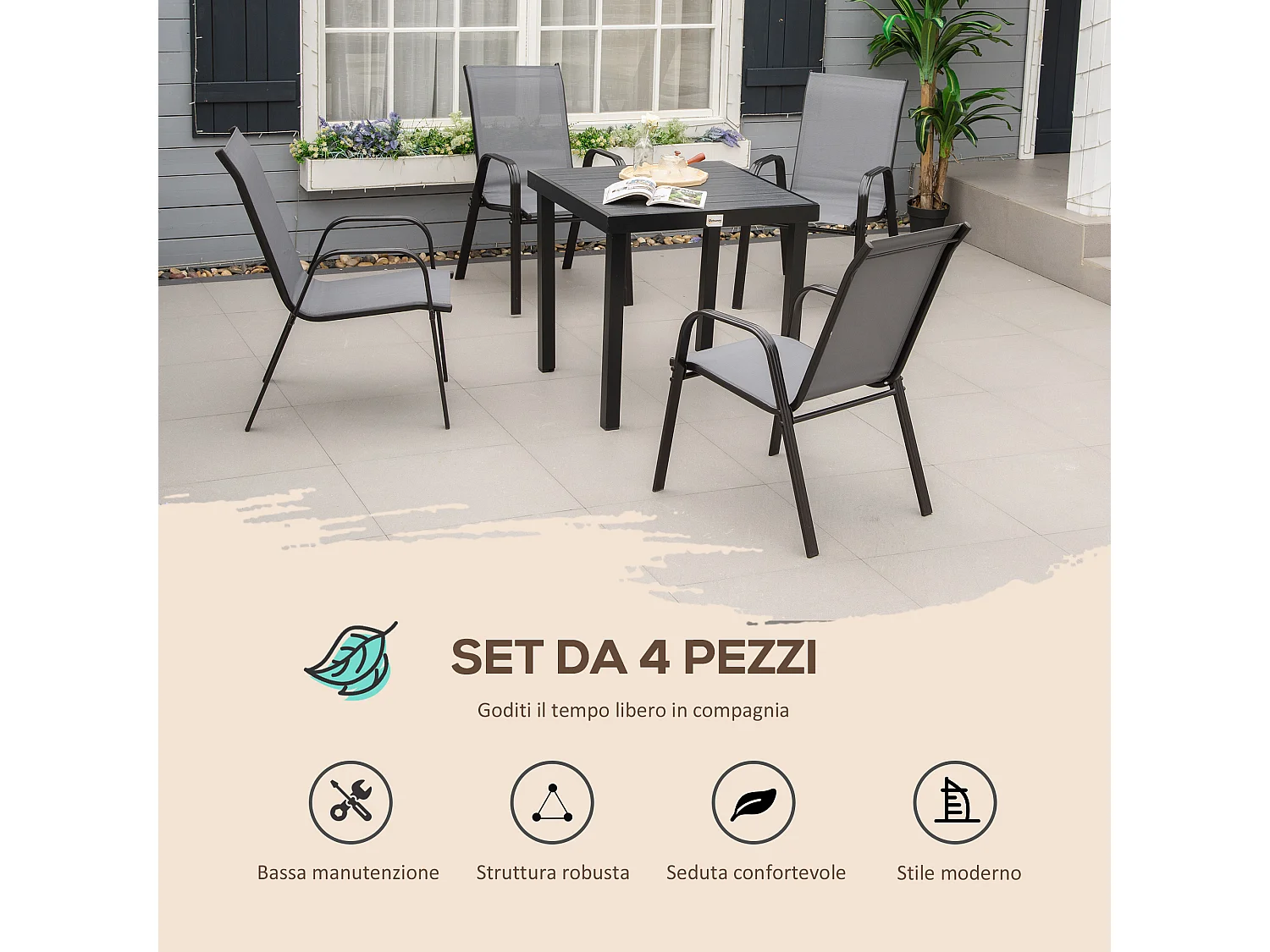 Set 4 sedie da giardino impilabili con braccioli in metallo grigio