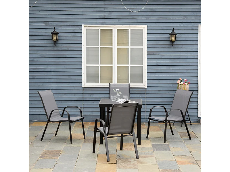 Set 4 sedie da giardino impilabili con braccioli in metallo grigio