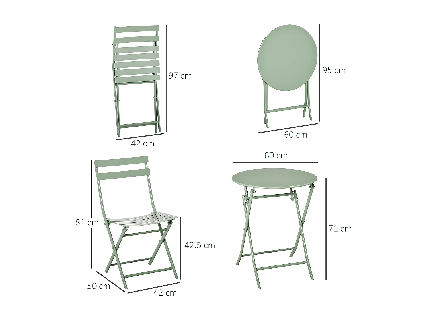 Set da giardino pieghevole con 2 sedie e tavolo in acciaio verde