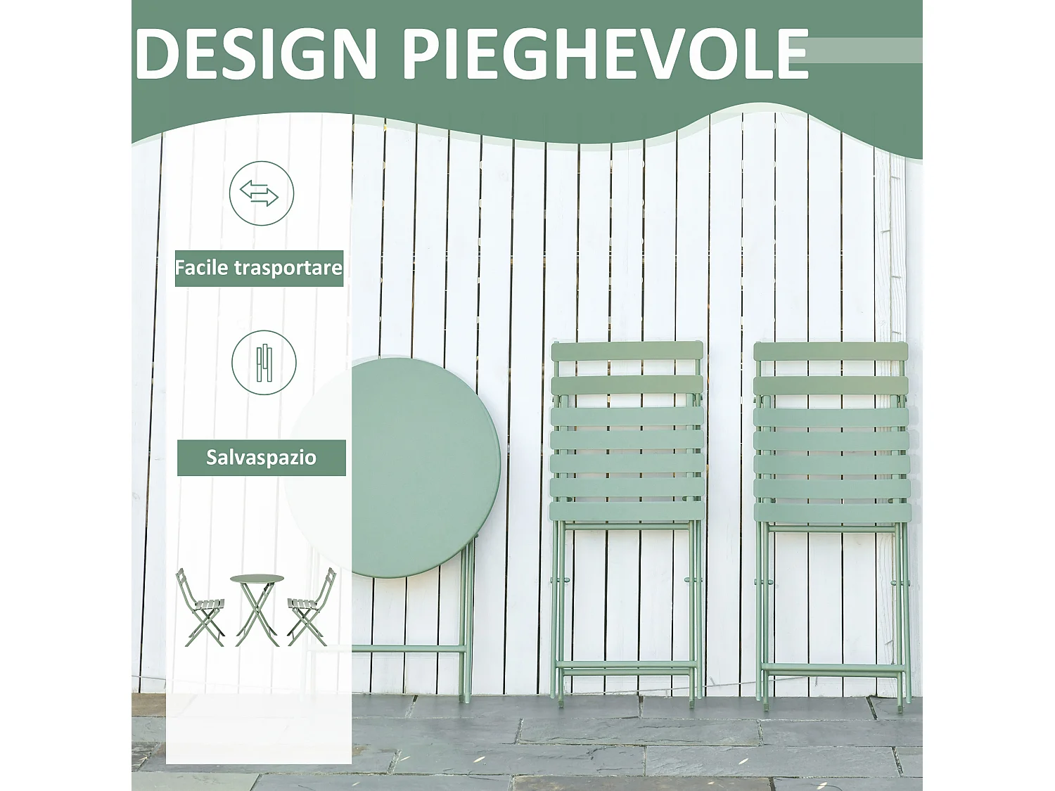 Set da giardino pieghevole con 2 sedie e tavolo in acciaio verde