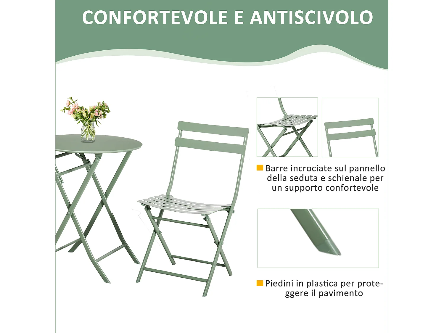 Set da giardino pieghevole con 2 sedie e tavolo in acciaio verde