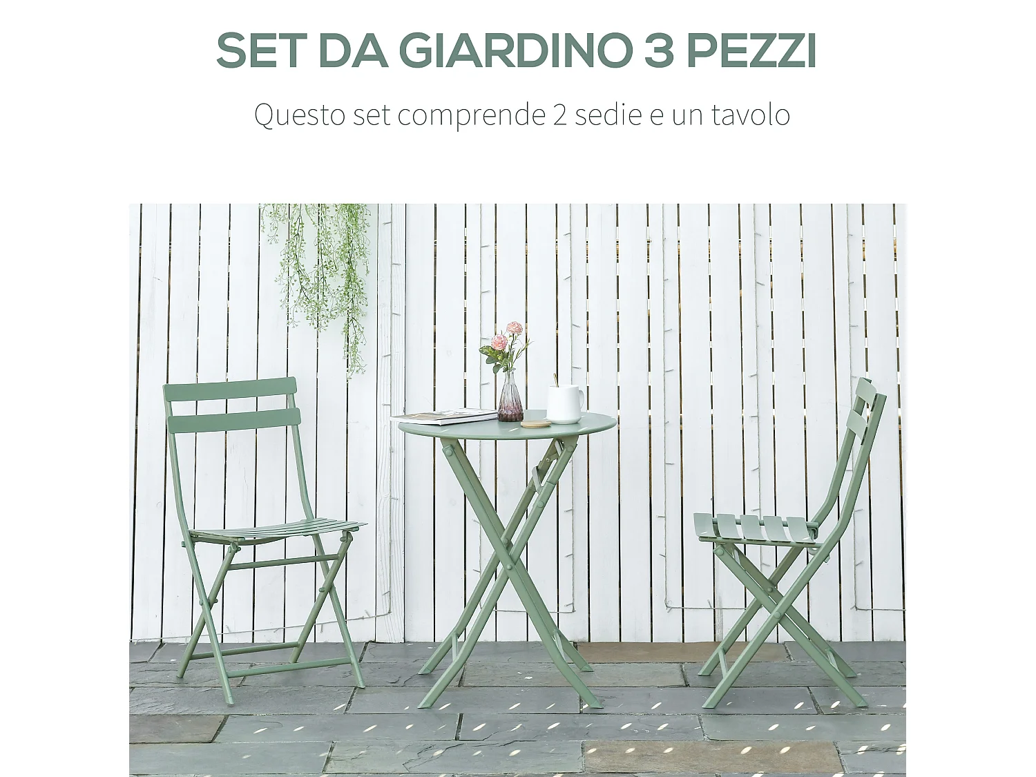 Set da giardino pieghevole con 2 sedie e tavolo in acciaio verde