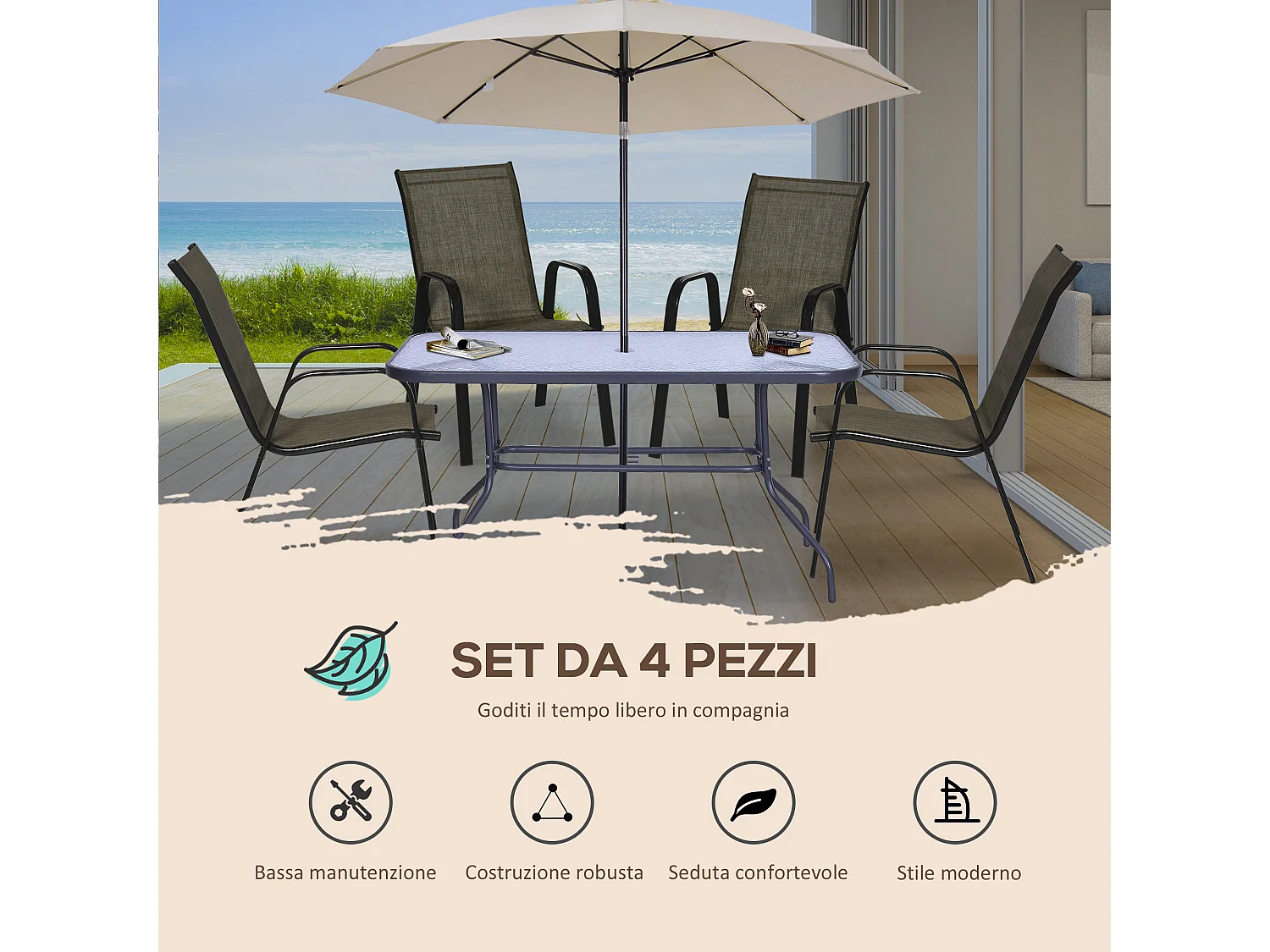 Set 4 pz sedie da giardino impilabili con braccioli marrone