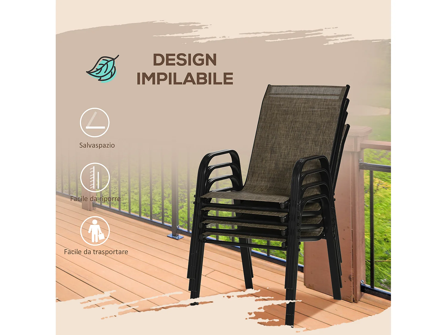 Set 4 pz sedie da giardino impilabili con braccioli marrone