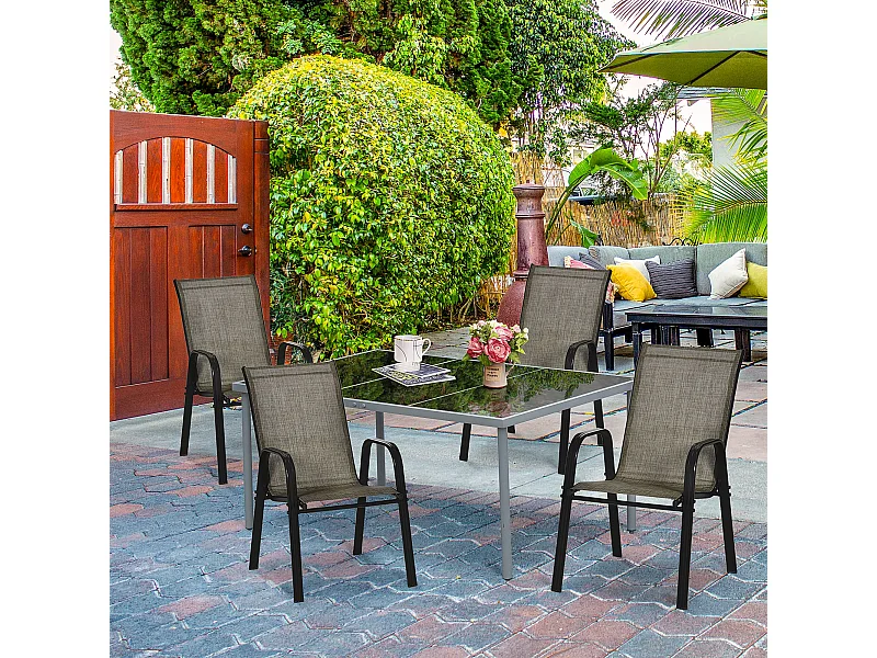 Set 4 pz sedie da giardino impilabili con braccioli marrone