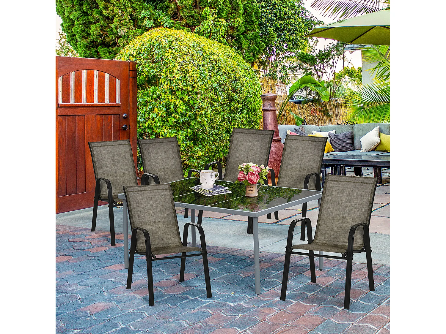 Set 6 pz sedie da giardino impilabili con braccioli marrone