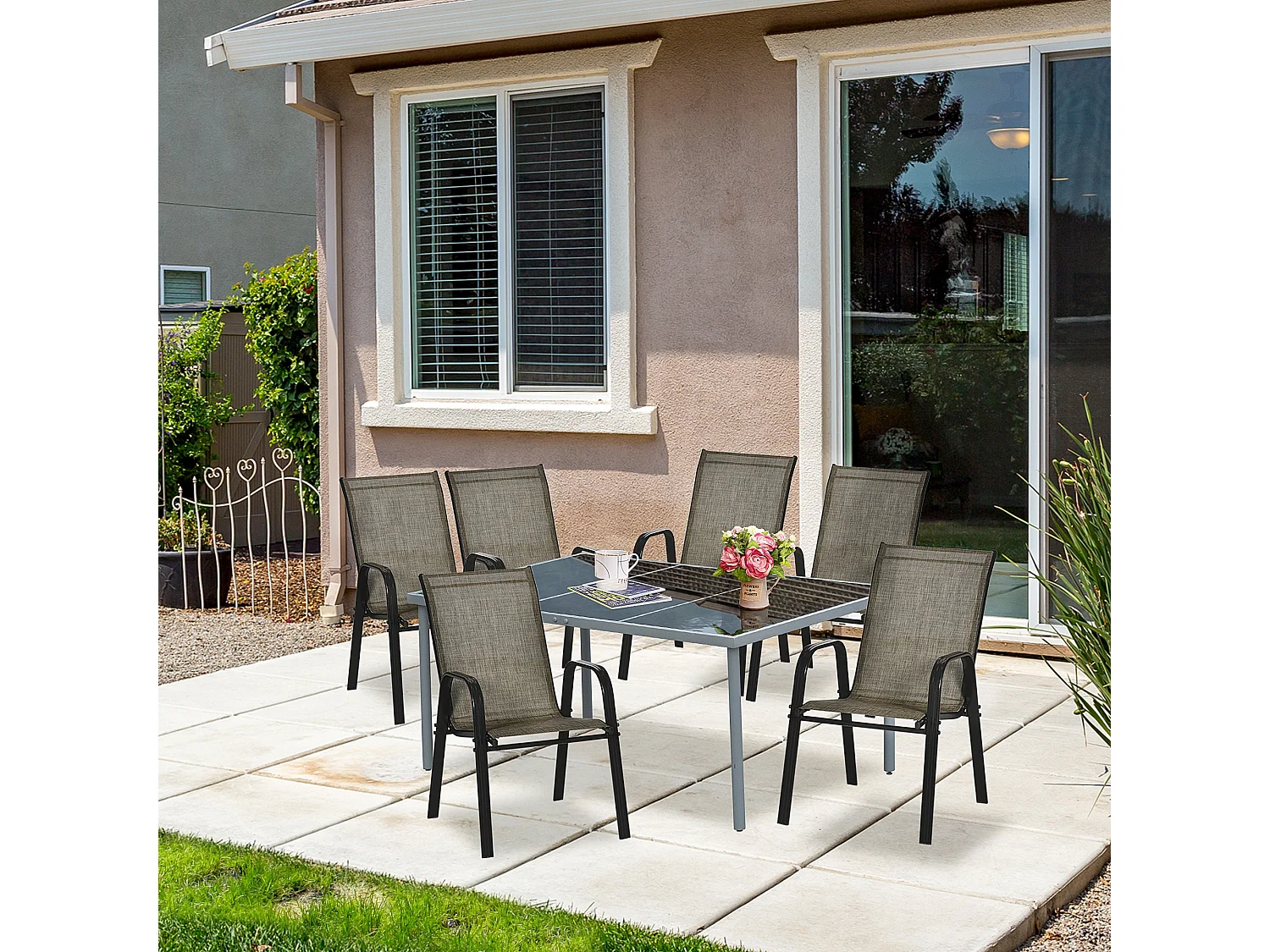 Set 6 pz sedie da giardino impilabili con braccioli marrone