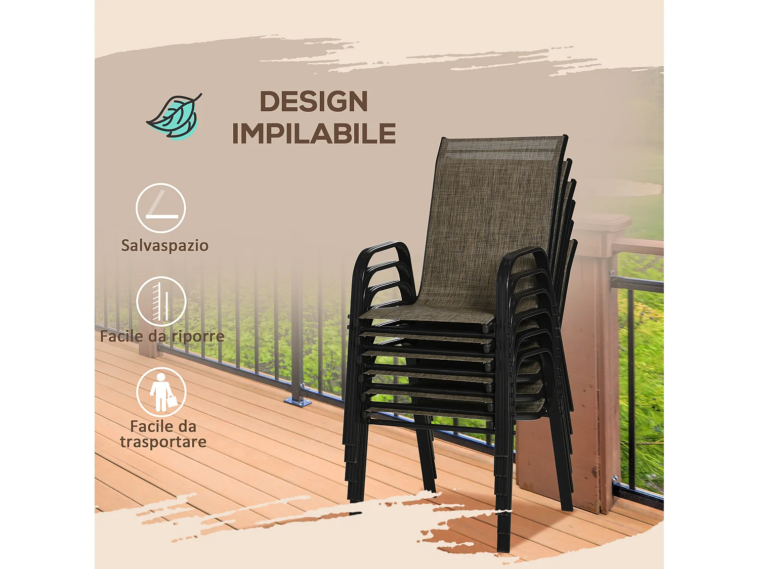 Set 6 pz sedie da giardino impilabili con braccioli marrone
