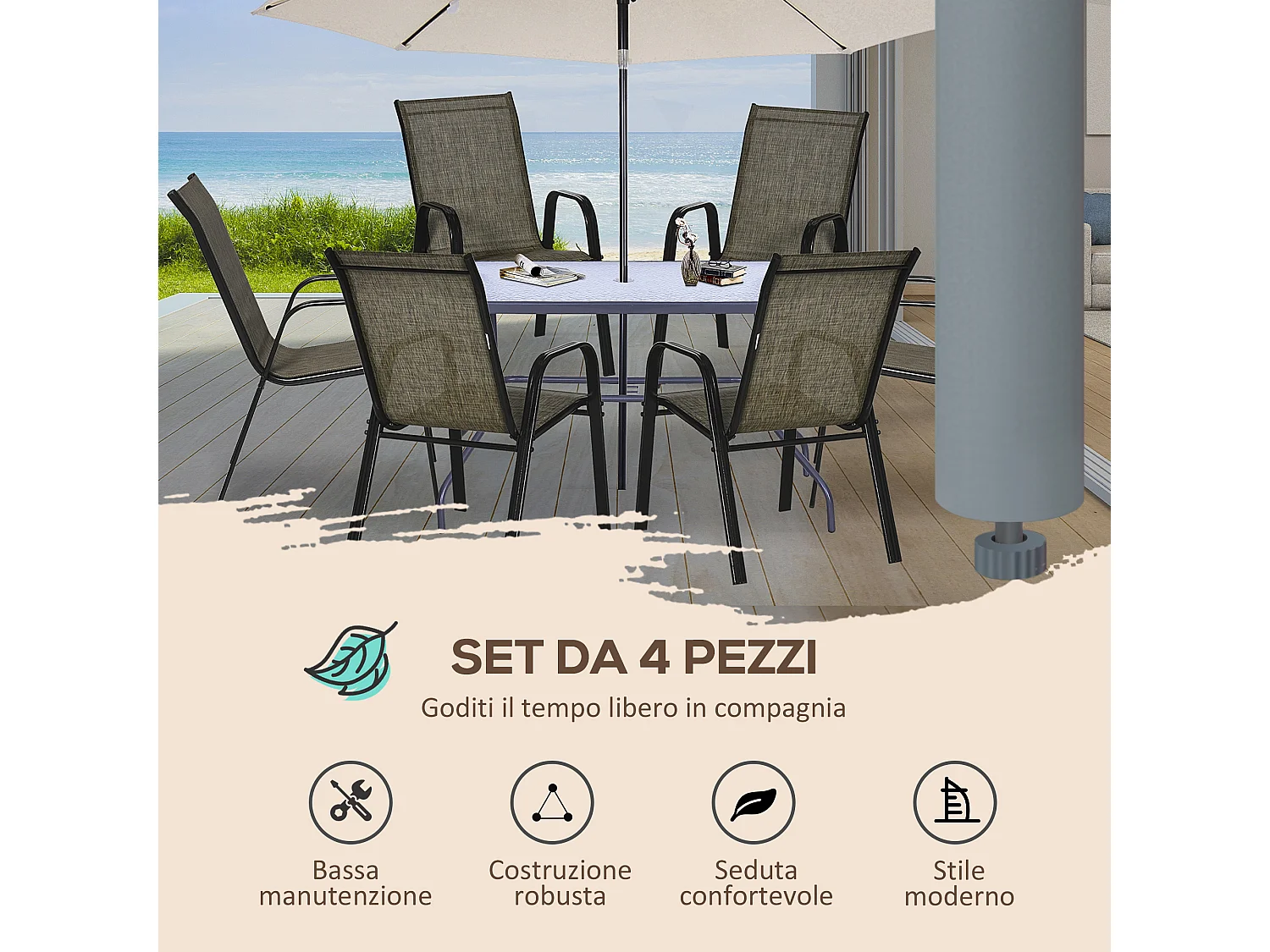 Set 6 pz sedie da giardino impilabili con braccioli marrone