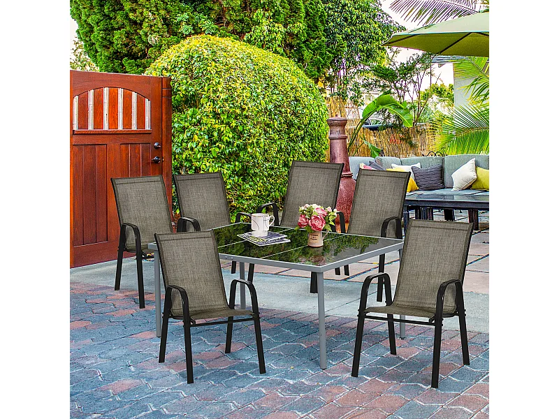 Set 6 pz sedie da giardino impilabili con braccioli marrone