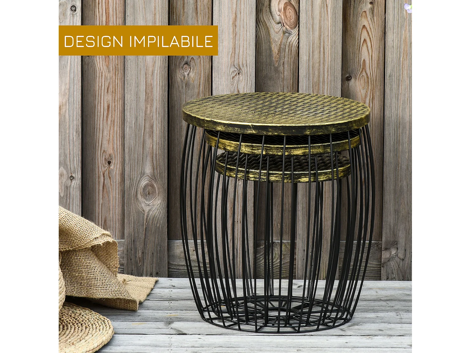 Set 3 tavolini giardino impilabili stile industriale in metallo nero