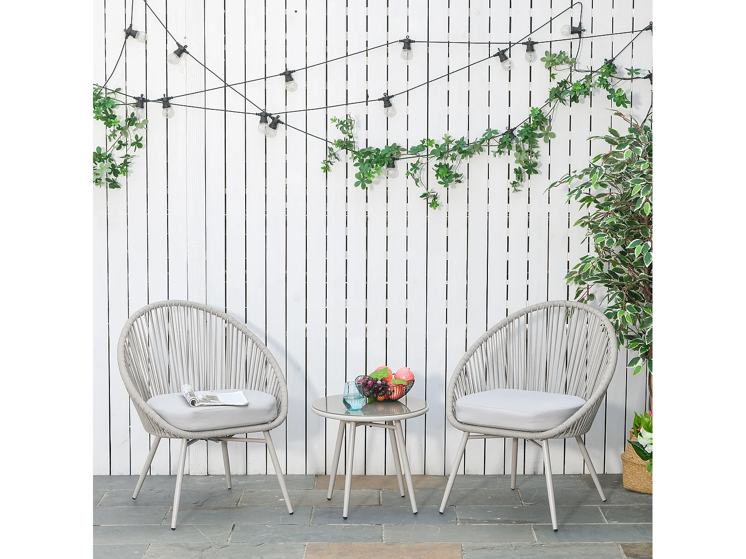 Set tavolino e 2 sedie da giardino rattan bianco stile boho