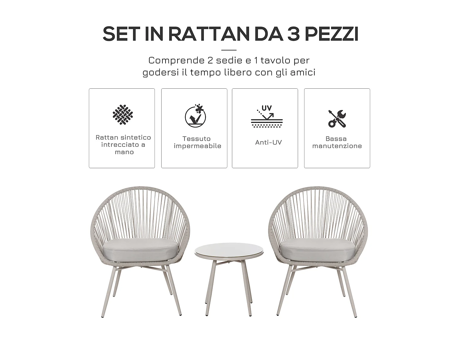 Set tavolino e 2 sedie da giardino rattan bianco stile boho