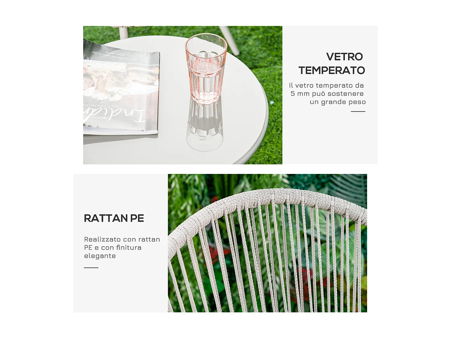 Set tavolino e 2 sedie da giardino rattan bianco stile boho