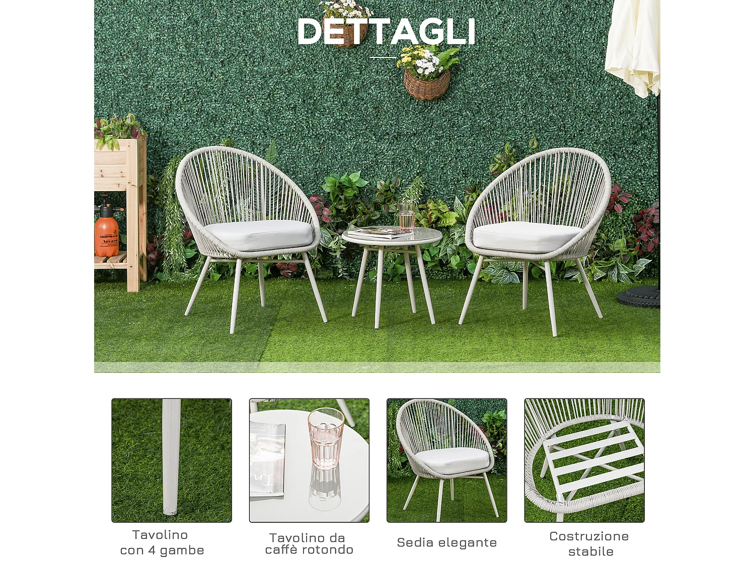 Set tavolino e 2 sedie da giardino rattan bianco stile boho