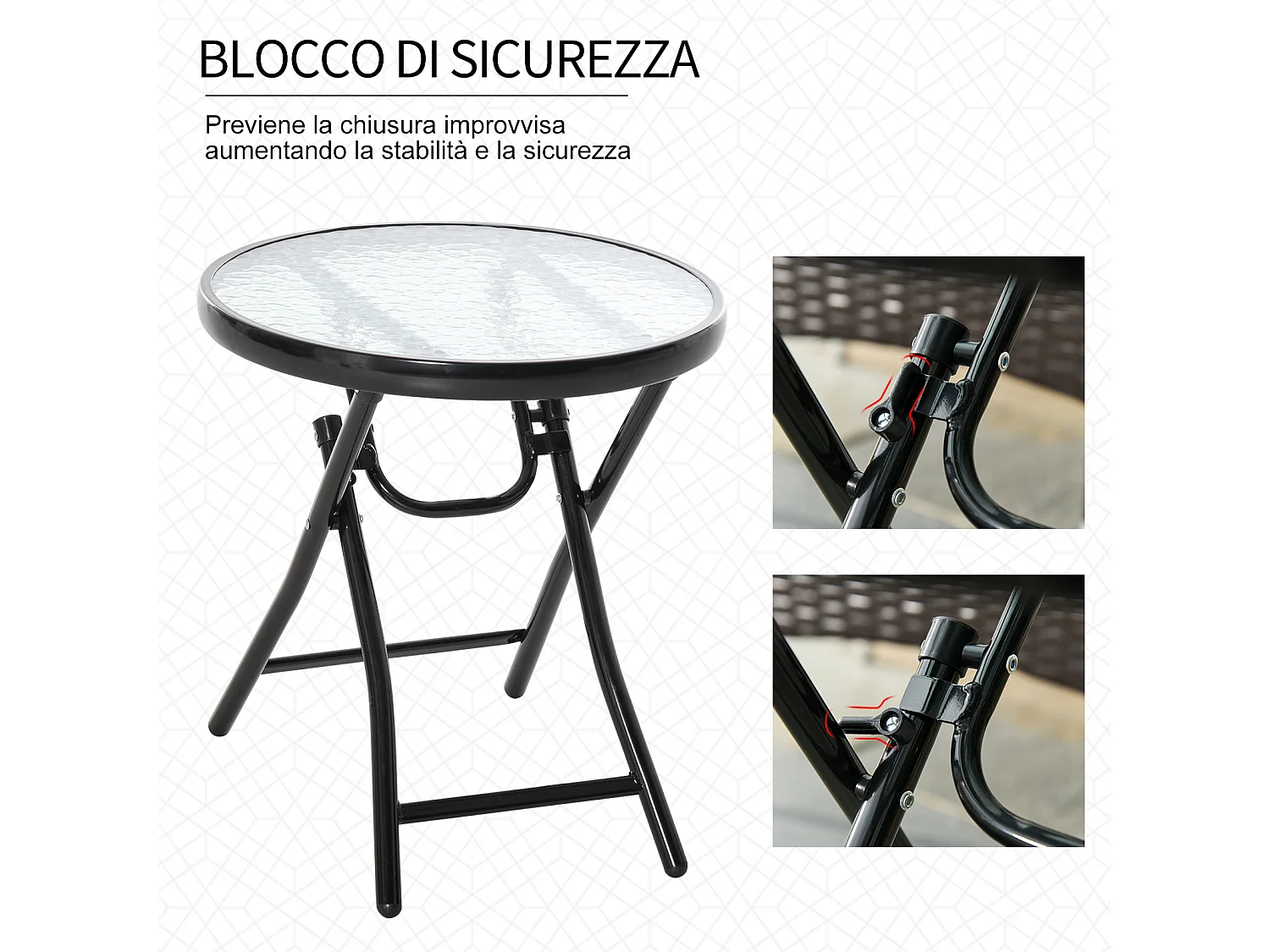Tavolo da giardino pieghevole rotondo in metallo e vetro nero