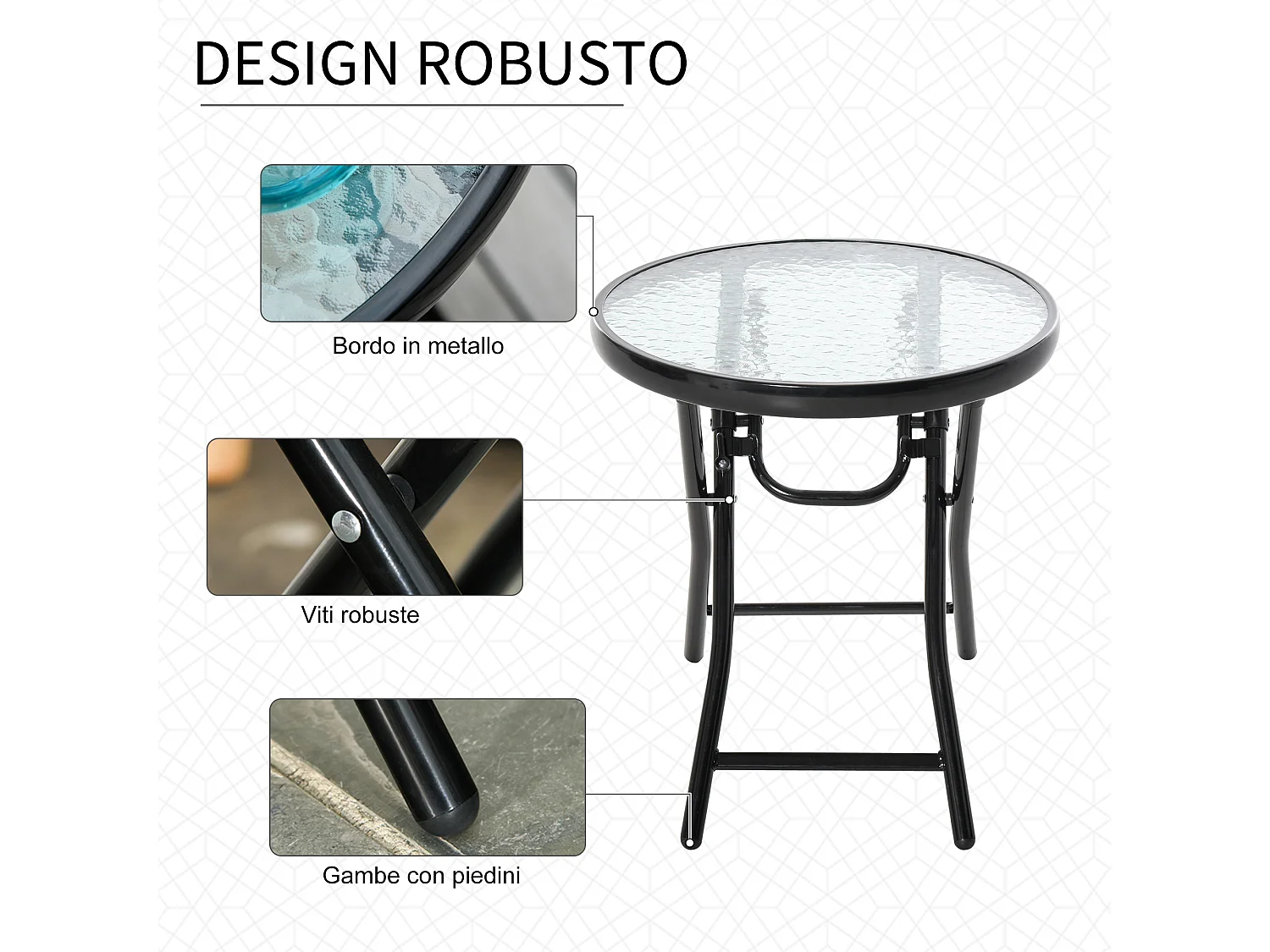 Tavolo da giardino pieghevole rotondo in metallo e vetro nero