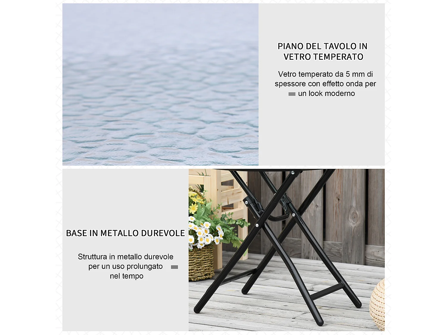 Tavolo da giardino pieghevole rotondo in metallo e vetro nero