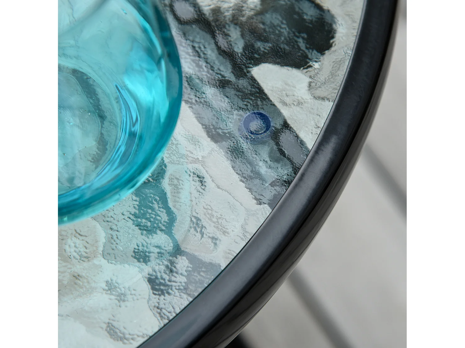 Tavolo da giardino pieghevole rotondo in metallo e vetro nero