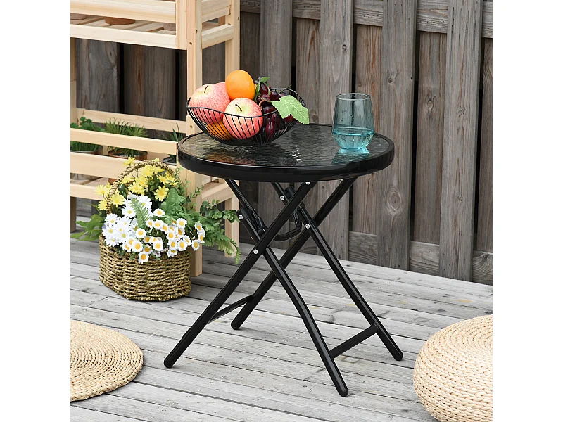 Tavolo da giardino pieghevole rotondo in metallo e vetro nero