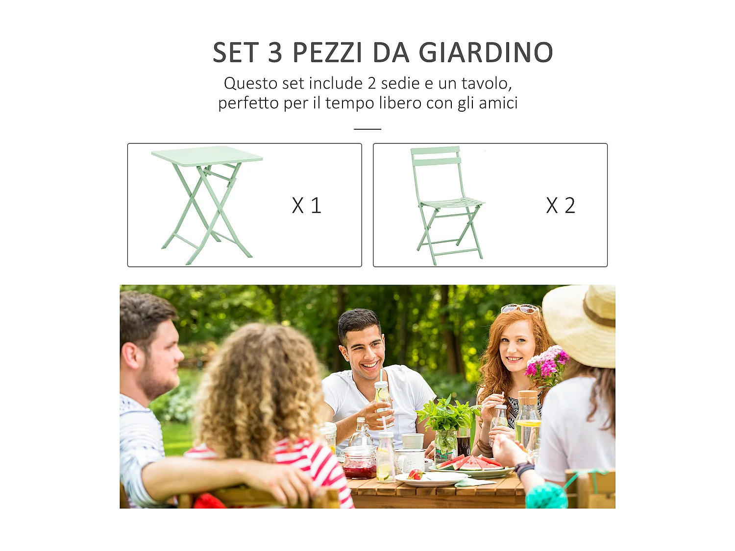 Set tavolo e 2 sedie da giardino pieghevole in metallo verde