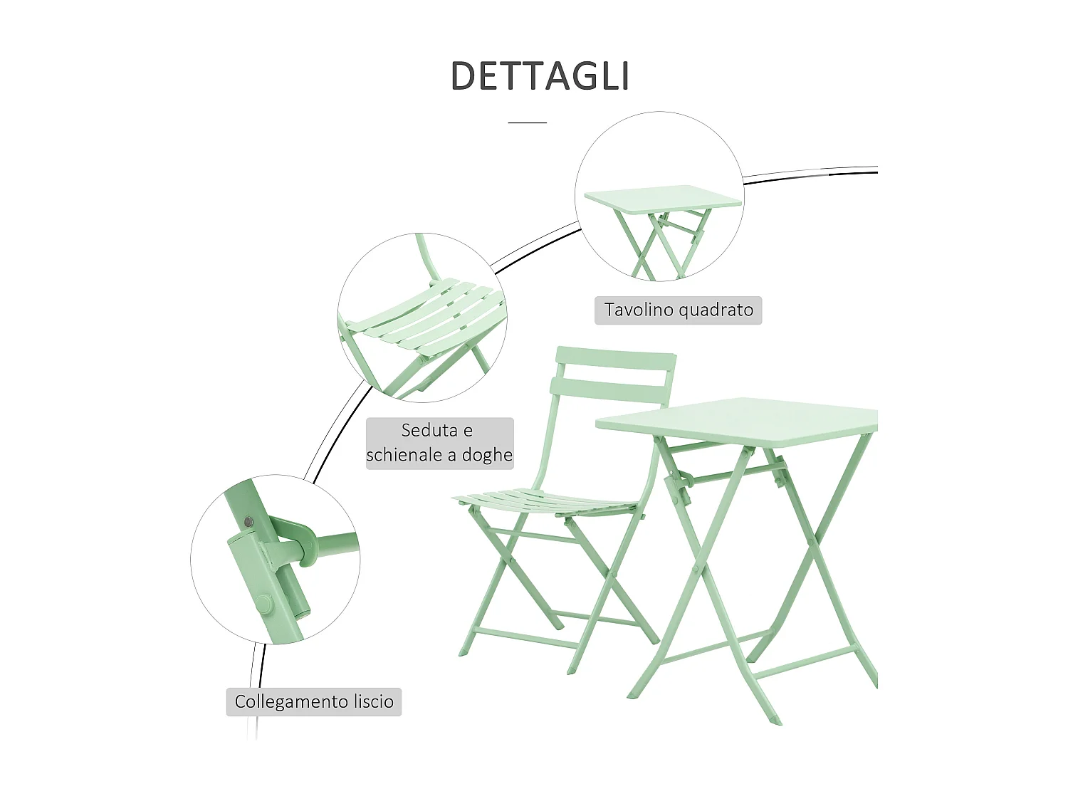 Set tavolo e 2 sedie da giardino pieghevole in metallo verde