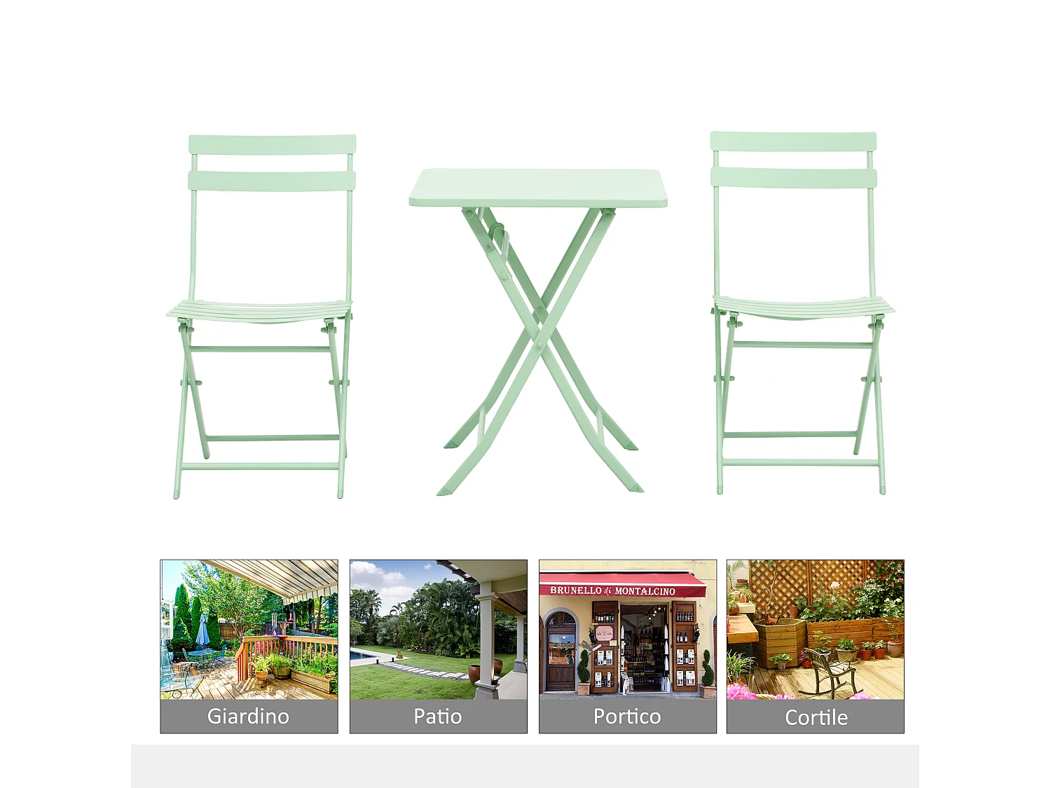 Set tavolo e 2 sedie da giardino pieghevole in metallo verde