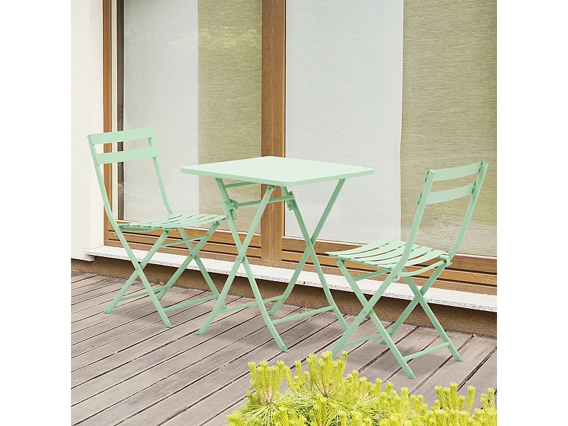 Set tavolo e 2 sedie da giardino pieghevole in metallo verde