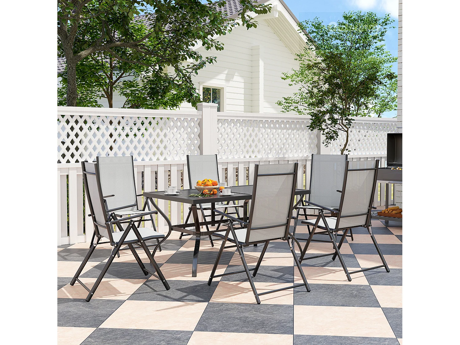 Set da giardino con tavolo da pranzo e 6 sedie pieghevoli grigio