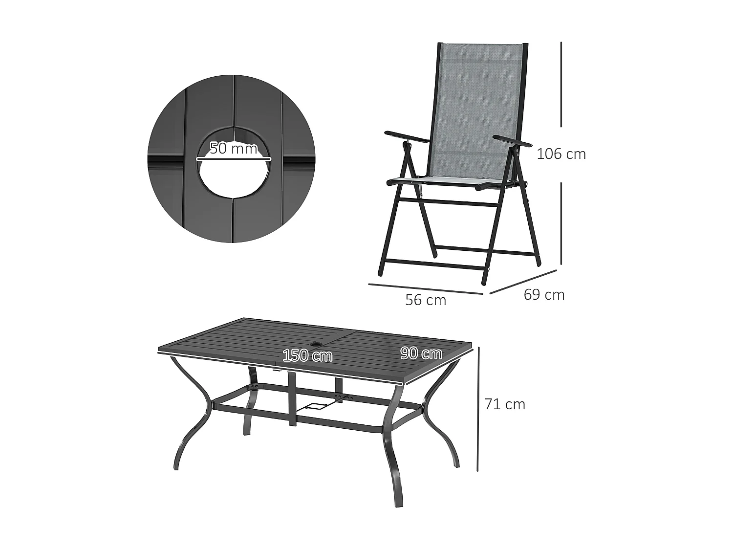 Set da giardino con tavolo da pranzo e 6 sedie pieghevoli grigio