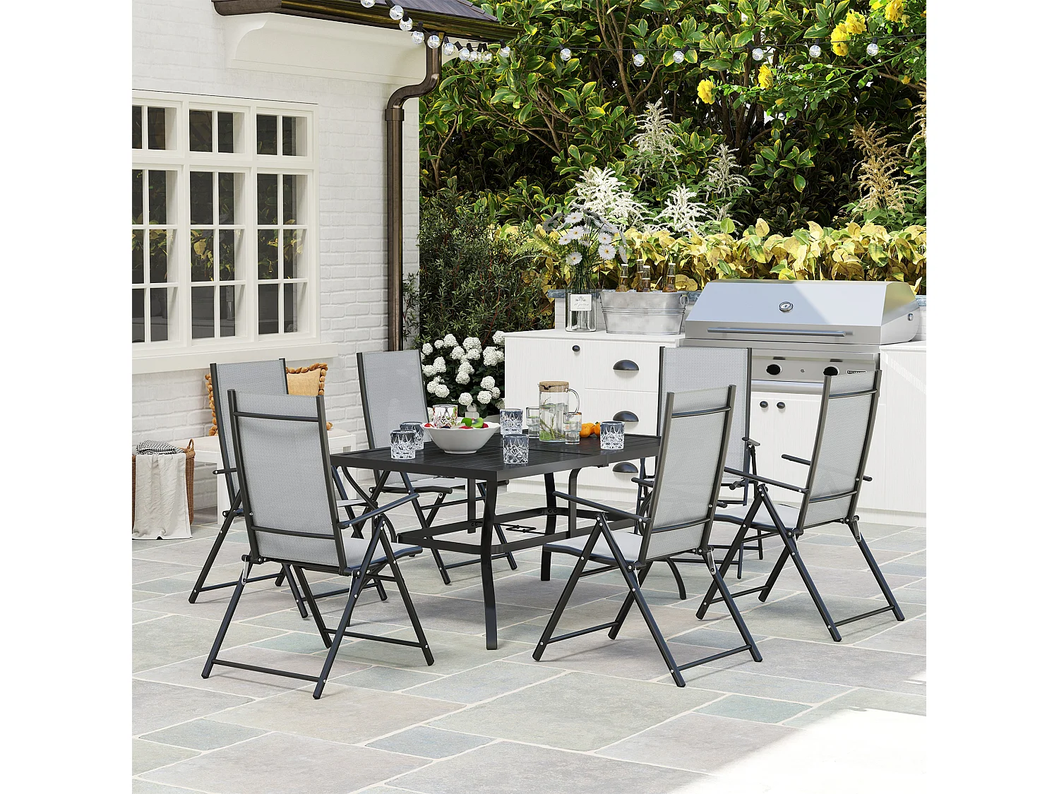 Set da giardino con tavolo da pranzo e 6 sedie pieghevoli grigio