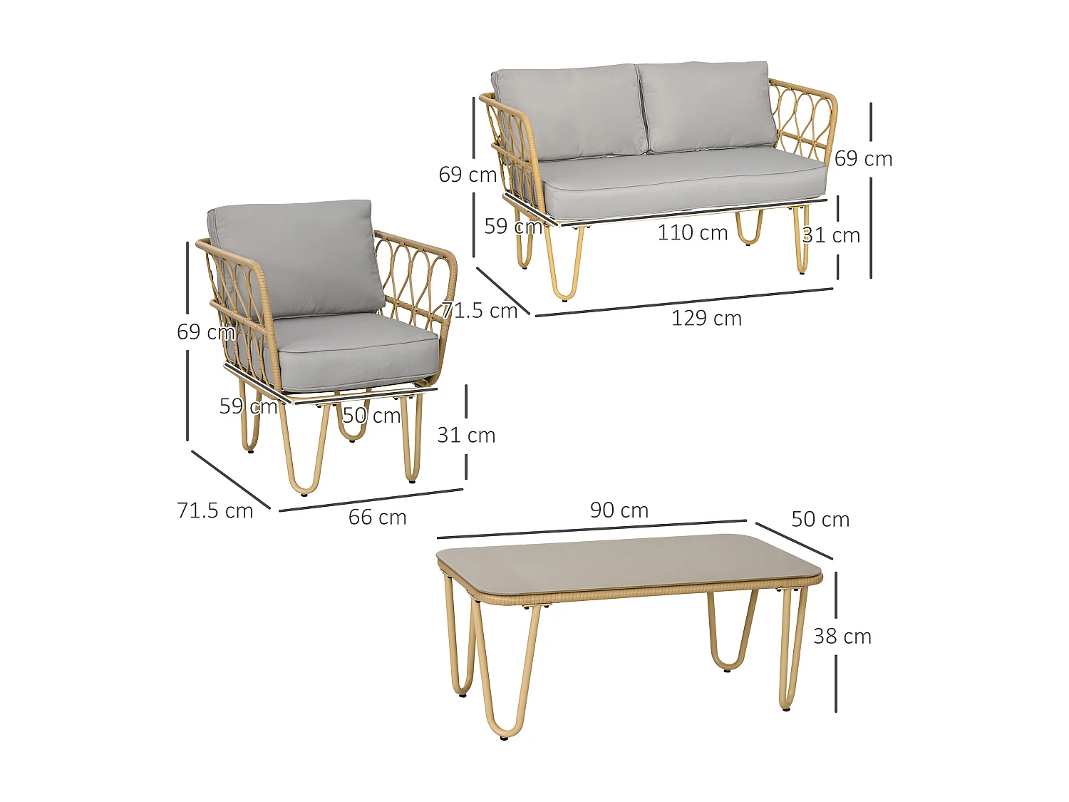 Set da giardino in rattan con divanetto 2 poltrone e tavolino