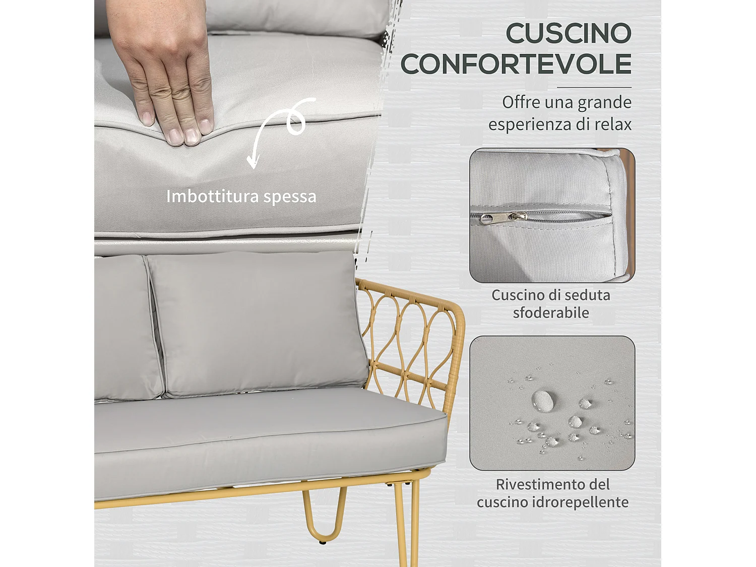 Set da giardino in rattan con divanetto 2 poltrone e tavolino