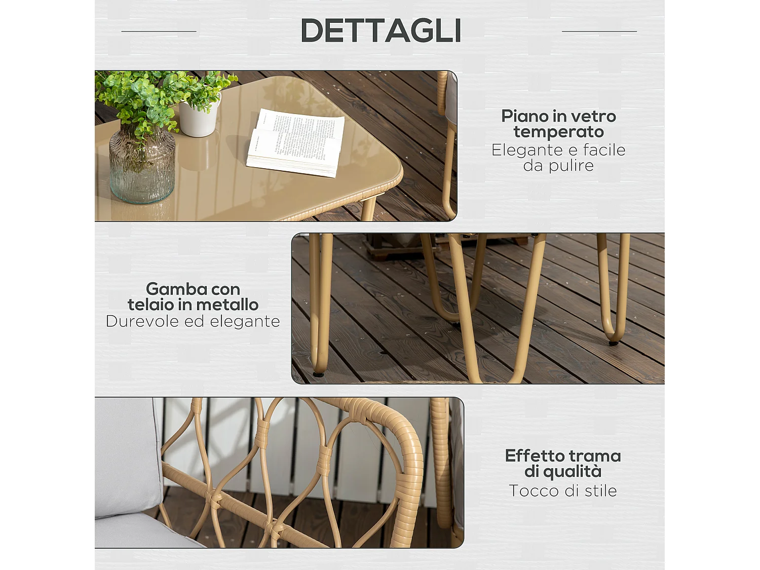 Set da giardino in rattan con divanetto 2 poltrone e tavolino