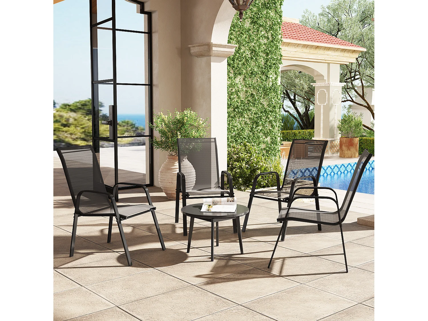 Set 4 sedie da giardino impilabili con braccioli in metallo nero