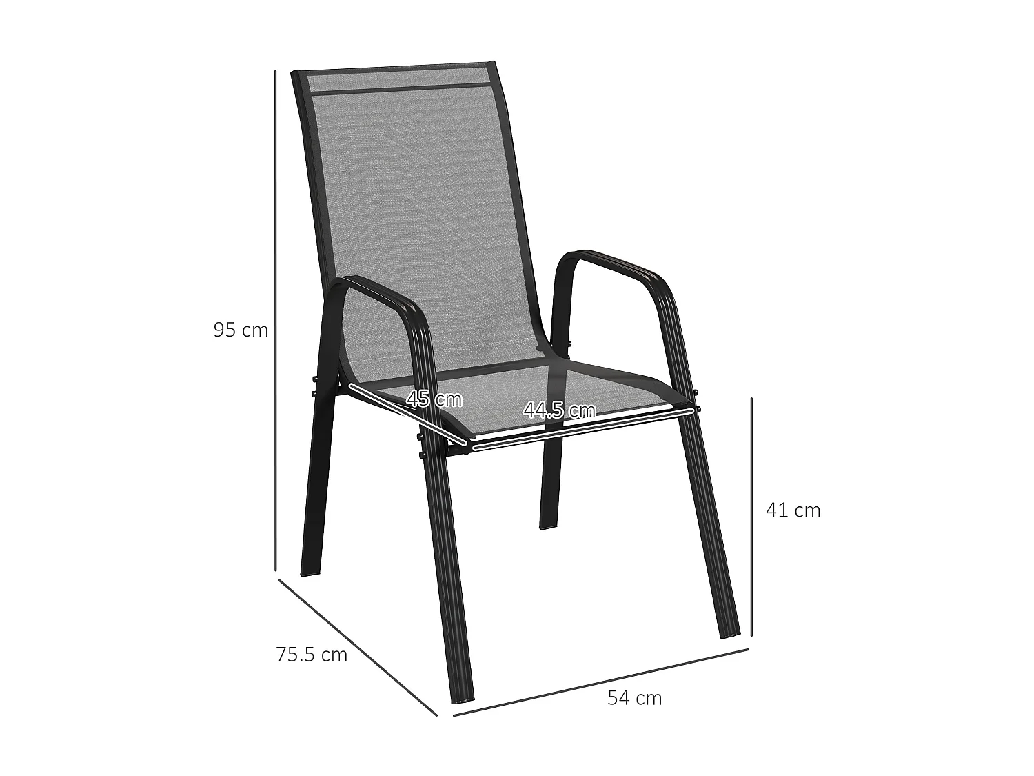 Set 4 sedie da giardino impilabili con braccioli in metallo nero