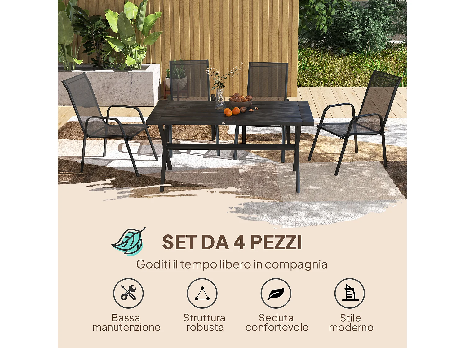 Set 4 sedie da giardino impilabili con braccioli in metallo nero