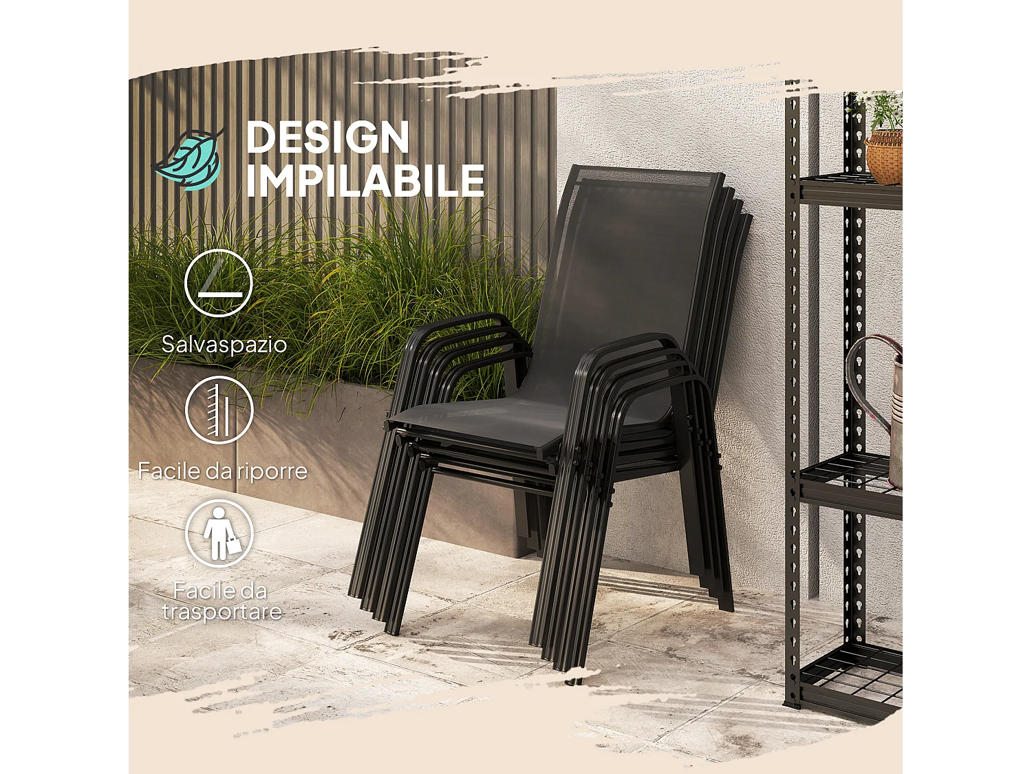 Set 4 sedie da giardino impilabili con braccioli in metallo nero